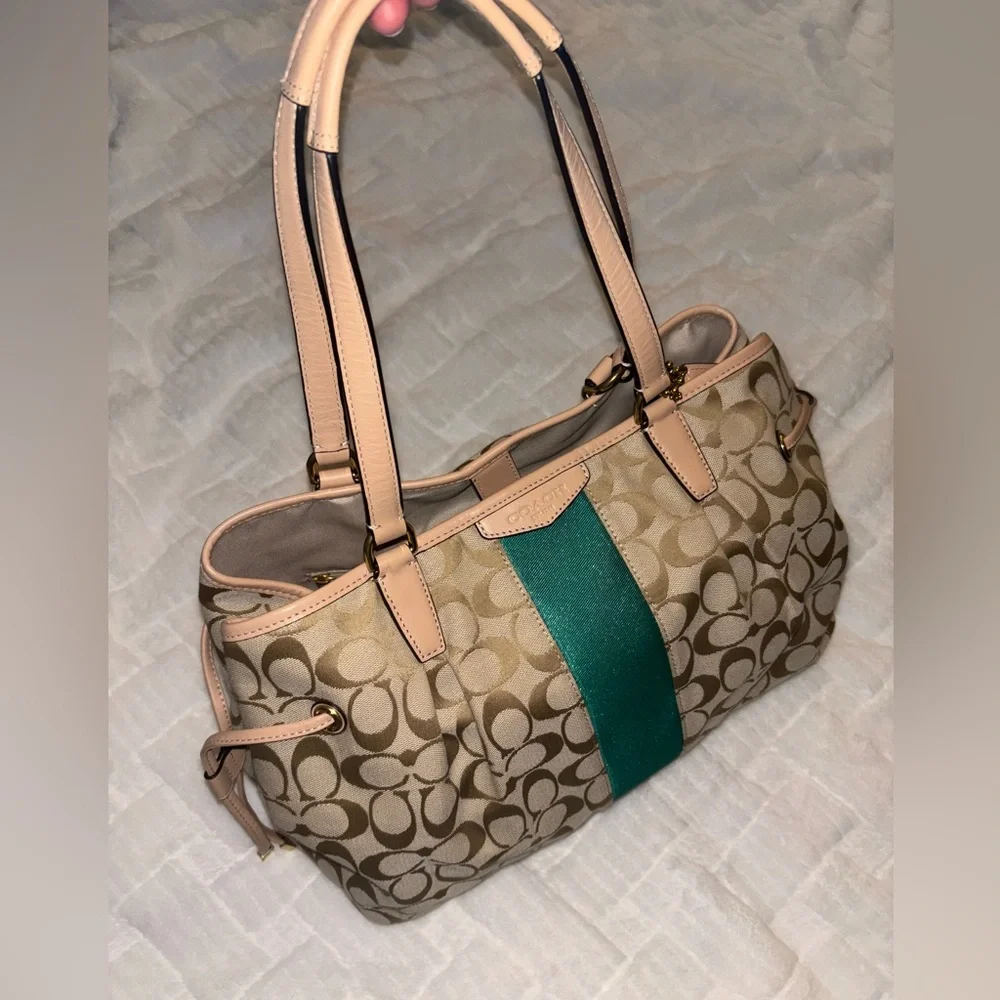 Coach Signature Khaki Tan with Green Stripe Drawstring Carryall (F28501) - Picture 2 of 10